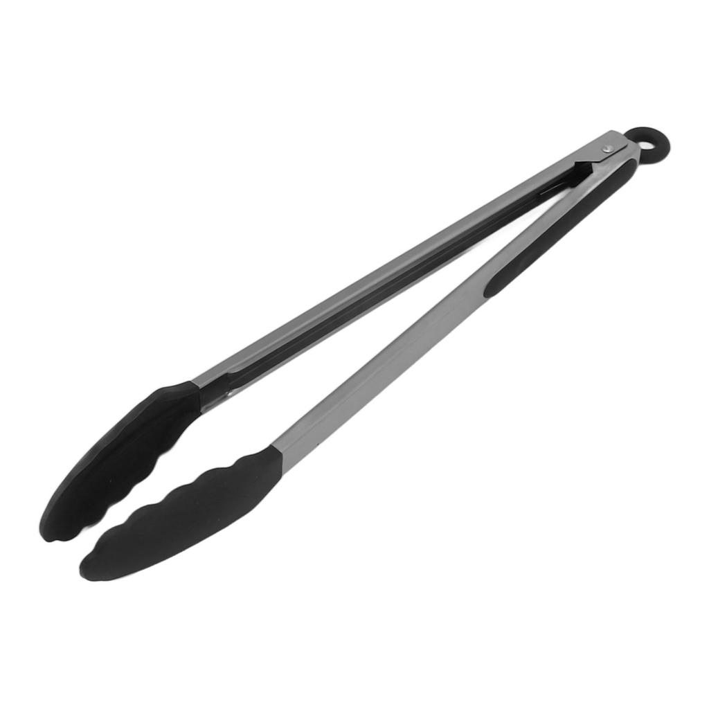 Kitchen Tongs Silicone Stainless Steel Heat Resistant Anti Slip Food Serving Tongs for Baking Cooking Black 40cm