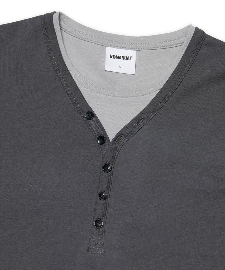 Nomaenyueol Layered Henley Neck Long Sleeve Tee - Charcoal