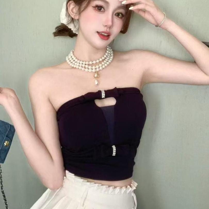 Spice Girl Pure Desire Diamond Buckle Bow Vest Women Wear Sexy Spring and Summer Outer Wear with Chest Pad Tube Top Short Inner Top