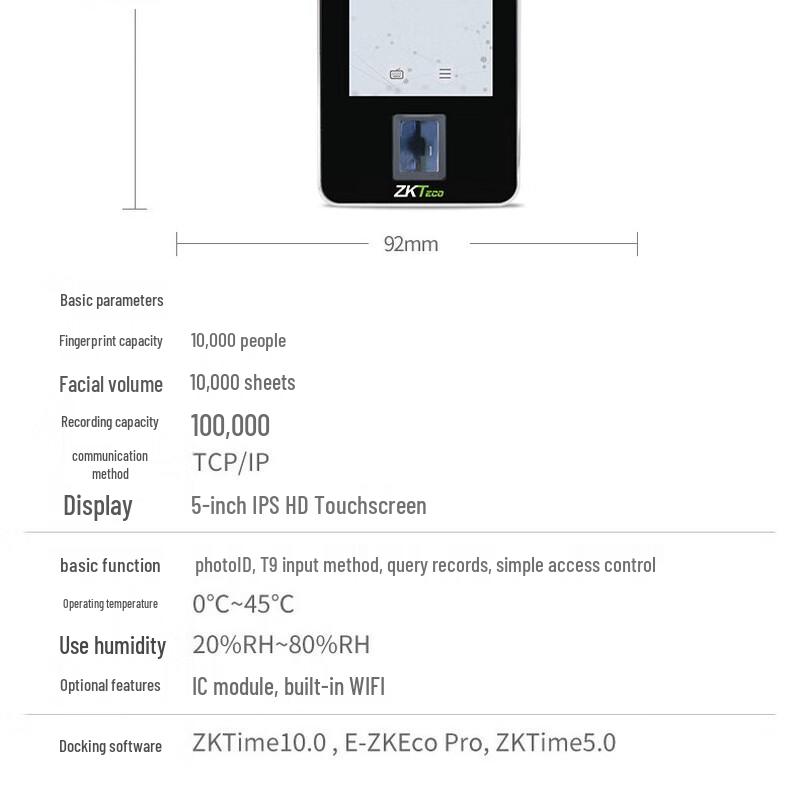 ZKTECO xFace600 Visible Light Dynamic Face & Fingerprint Access/Attendance Machine CN plug (adapter included)