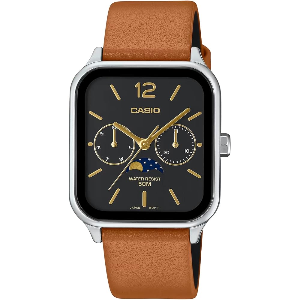 Casio Standard Moon Phase Analog Men s Watch MTP-M305L-1AV Brown Leather Band Black Dial