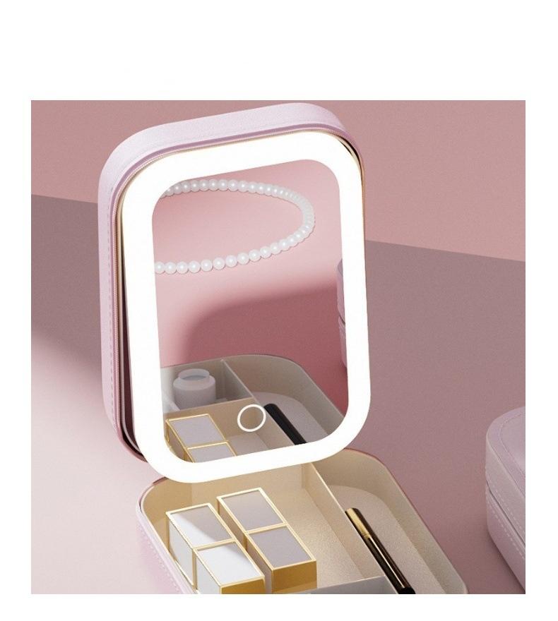 Makeup Bag With Mirror for Women Portable Cosmetic Storage Bag Small Lipstick Brush Wireless Makeup Box With Light Travel Makeup