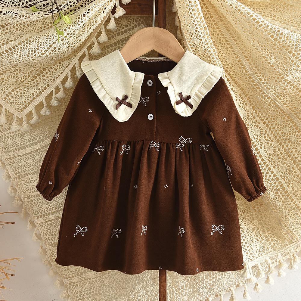 Elegante Vestito Monocolore con Collo da Bambola per Bambine - Nuovi Arrivi Primavera/Autunno, Vestito Principessa Ricamato a Maniche Lunghe per Neonate