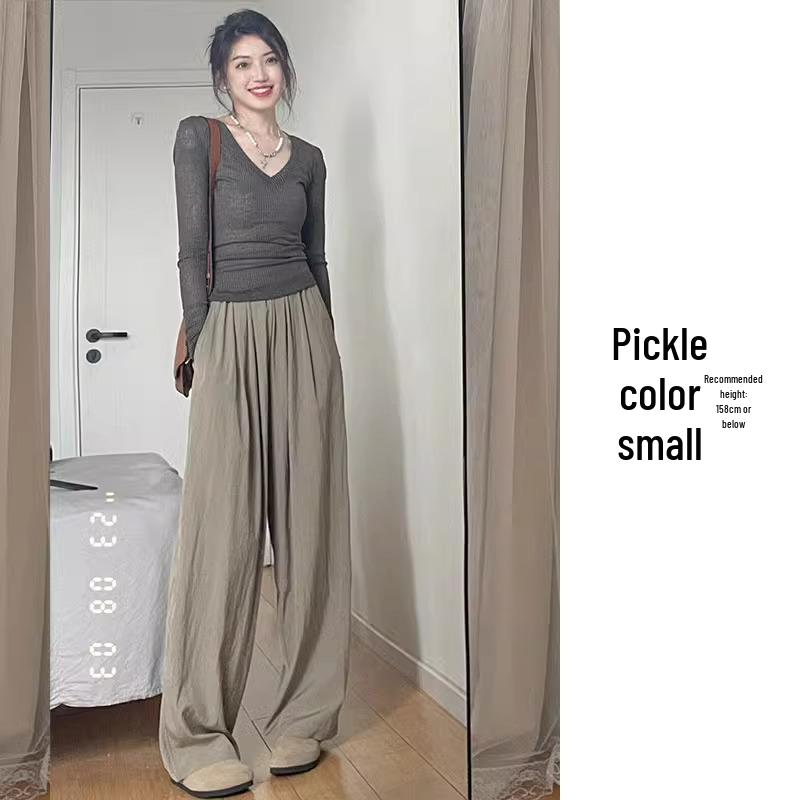 Petite Japanese Cool Elastic Waist Apricot Pants - Women's Summer High-Waist Loose Wide Leg