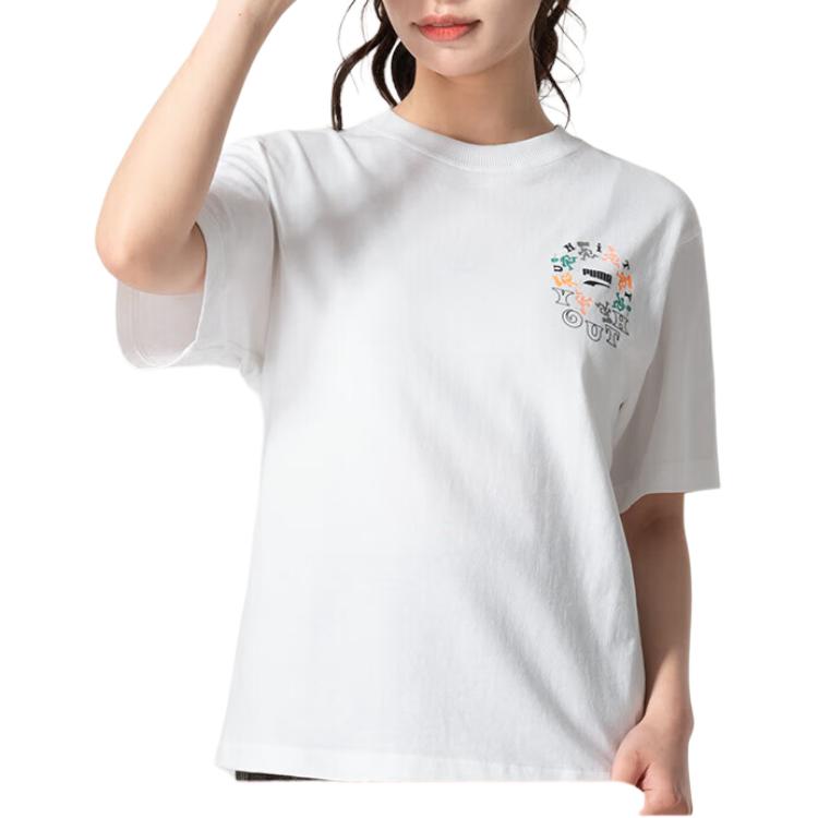 Puma Running Fitness Outdoor Casual Print Round Neck Pullover Short Sleeve Drop Shoulder T-Shirt Women Tops White 626119-52