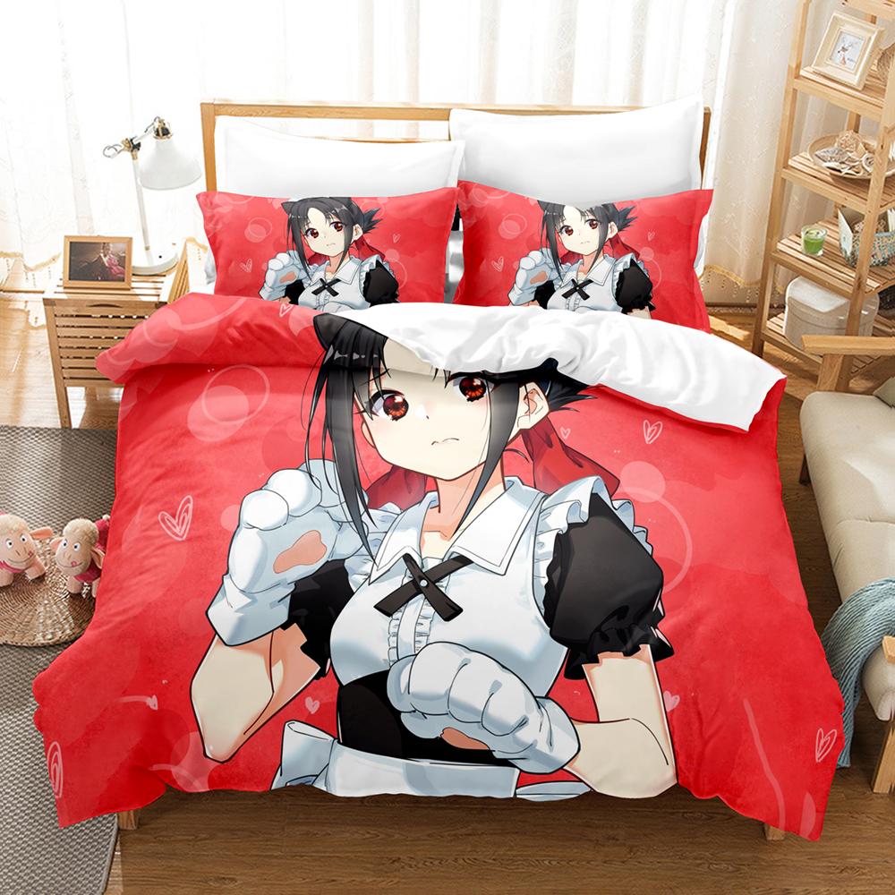 Kaguya Sama Love Is War Bedding Set 3PCS Kaguya Shinomiya Maid Outfit Red Heart Background Anime Print Duvet Cover All Sizes