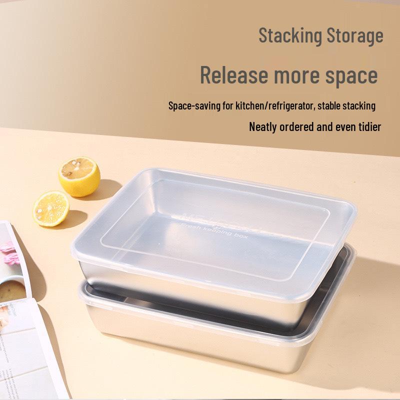 Rectangular Stainless Steel Fresh-keeping Box with Lid for Home and Commercial Use - Ideal for Refrigerator Storage, Meal Prep, and Cafeterias.