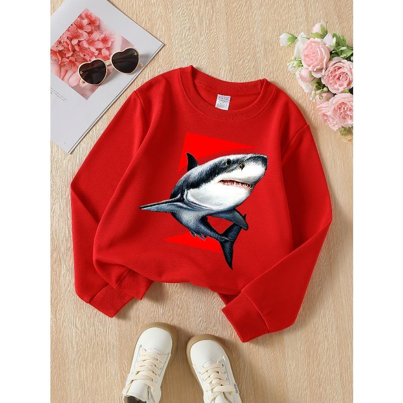 Kids Sweatshirt,Crew Neck Sweatshirt Featuring a Shark Attack Design On a Red Background,for Autumn And Winter