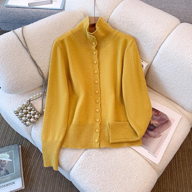 Solid Color Button-Up Knit Cardigan for Women: Loose, Casual, High Neck, Dropped Shoulder, Autumn/Winter Design.