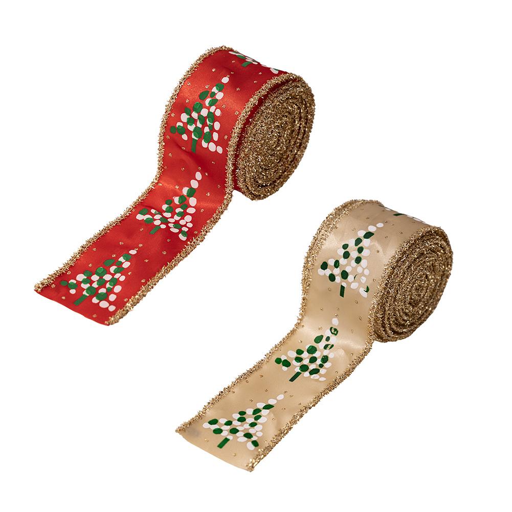 Wire edged decorative ribbons with holiday scallion prints designed for Christmas wreaths floral crafts and packaging use