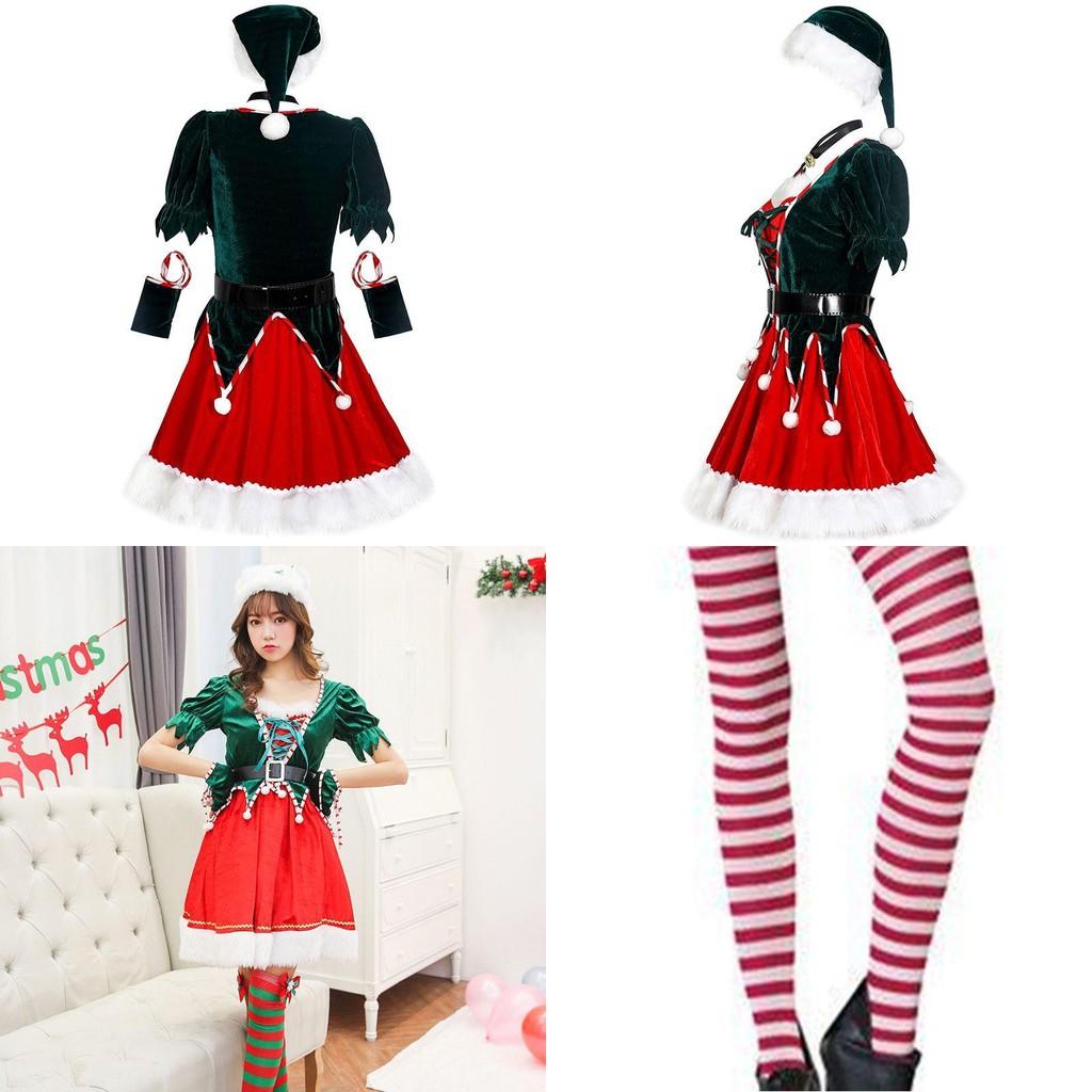 Sexy Green Velvet Santa's Helper Elf Xmas Party Costume With Faux Fur Accents