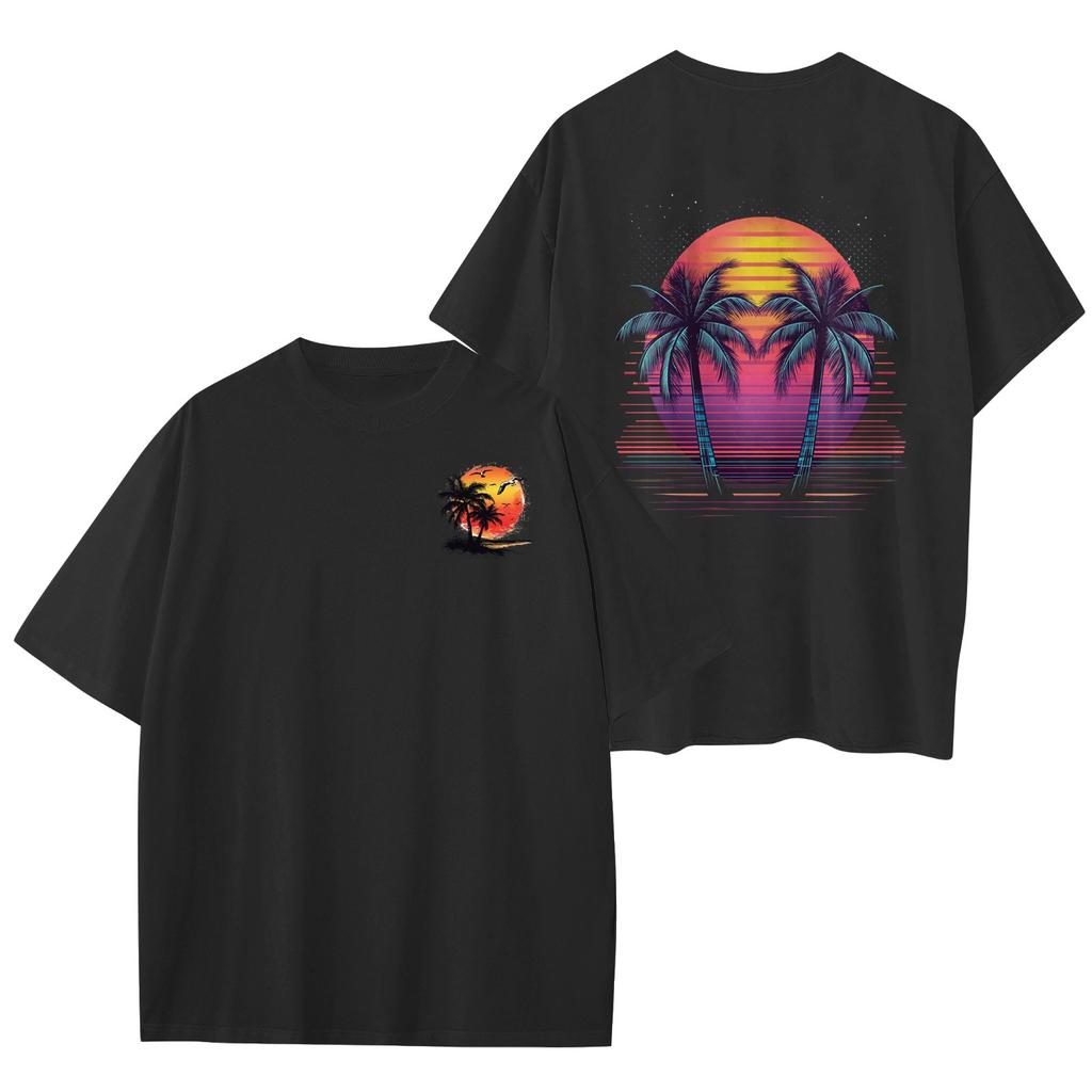 Women's Round Neck Fashionable Loose Hawaiian Print Short Sleeves