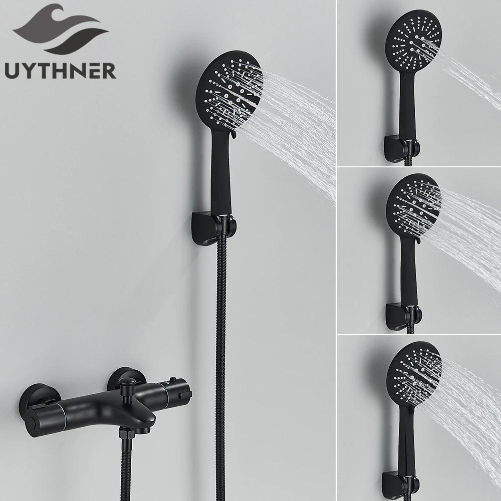 Thermostatic Shower Set Black/Chrome Brass Wall Mounted Bathroom Shower Thermostat Mixer Valve Handle Spray Bathroom Accessories