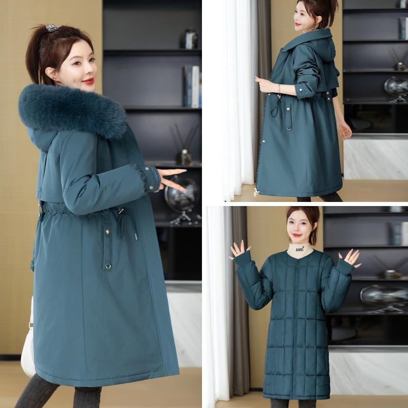 New Huoli Cotton Long Hoodie for Women, Thickened, Simple Detachable Lining, Slim Fit Cotton Jacket Trendy