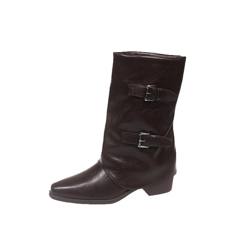 

High Heel Martin Boots Women s Skinny Boots 2025 Autumn and Winter New Pointed Spice Girls Pile Pants Tube Thick Heel Super Fire Small Short Boots 35 коричневый