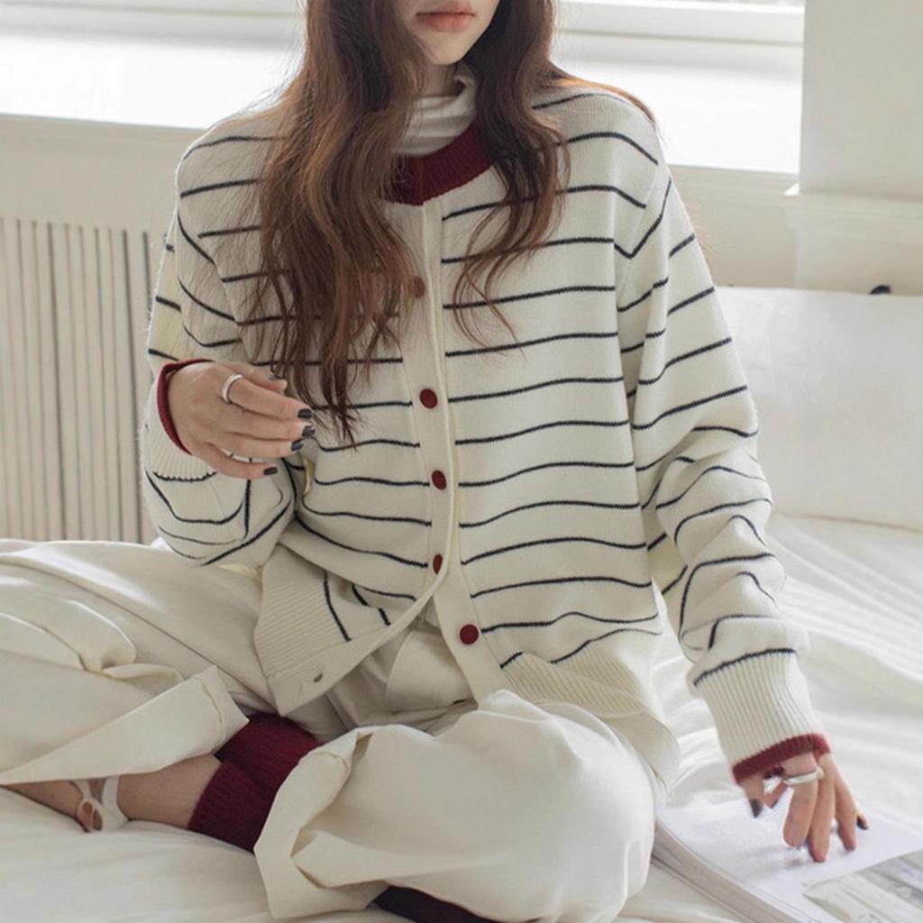 2026 Autumn/Winter Korean Color Block Striped Knit Cardigan for Women - Simple, Loose, Slimming, Lazy Style Sweater Coat