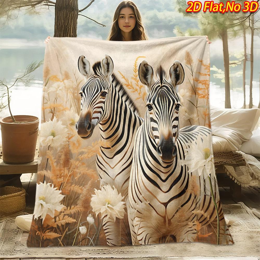 1pc 2D Flat Printing Spring & Summer New Arrival Two Zebras with Warm-Toned Floral Theme Digital Print Blanket, All Seasons Universal, Leisure Blanket