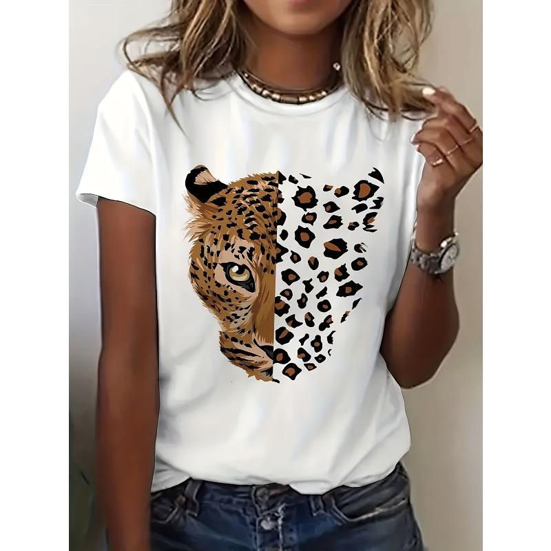 

European Size Women S Vintage Leopard Print Tiger Graphic Short-Sleeve Round Neck T-Shirt Made . 4XL білий