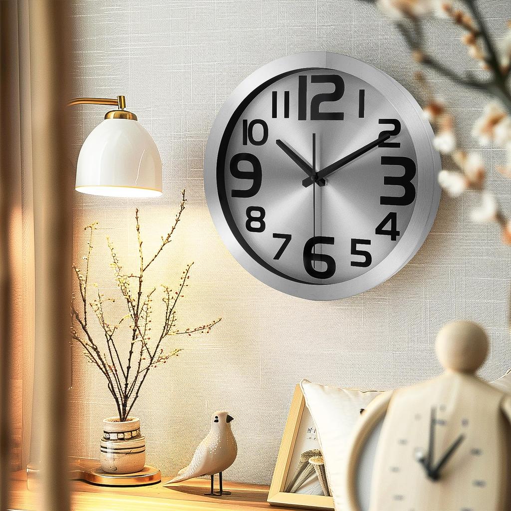 RUMOKI Wall Clock, 12 Inches, Quiet, Tempered Glass, Shockproof, Rustless Steel, Scandinavian Design, For Bedroom, Living Room, Office, 30CM