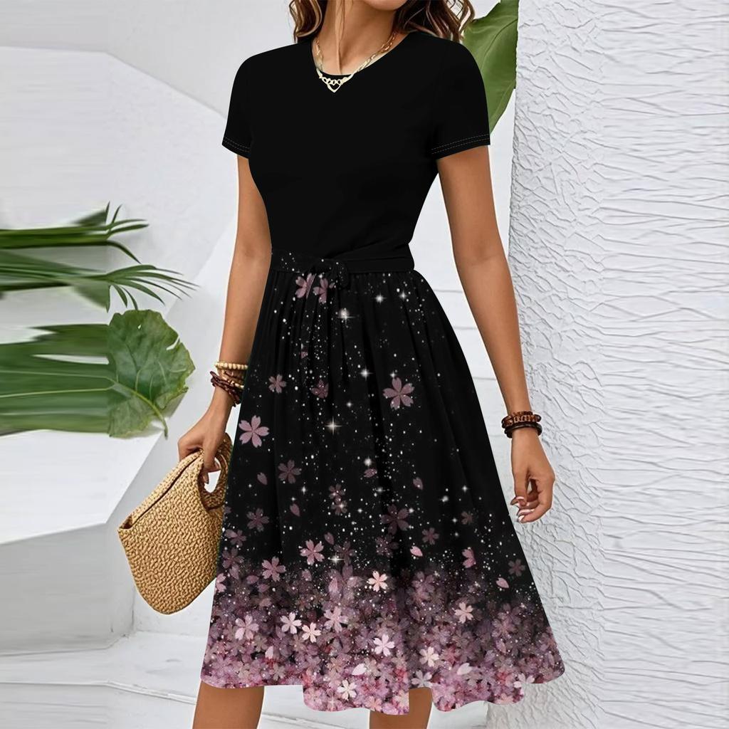 Women's Casual Fashion Belted Floral Printed Short Sleeve Round Neck Elegant Flowing Dress