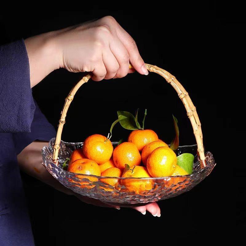 Nordic Style Rattan Glass Fruit Basket Snack Plate Retro Living Room Storage Candy Box Light Luxury Tea Table Handheld Fruit Plate