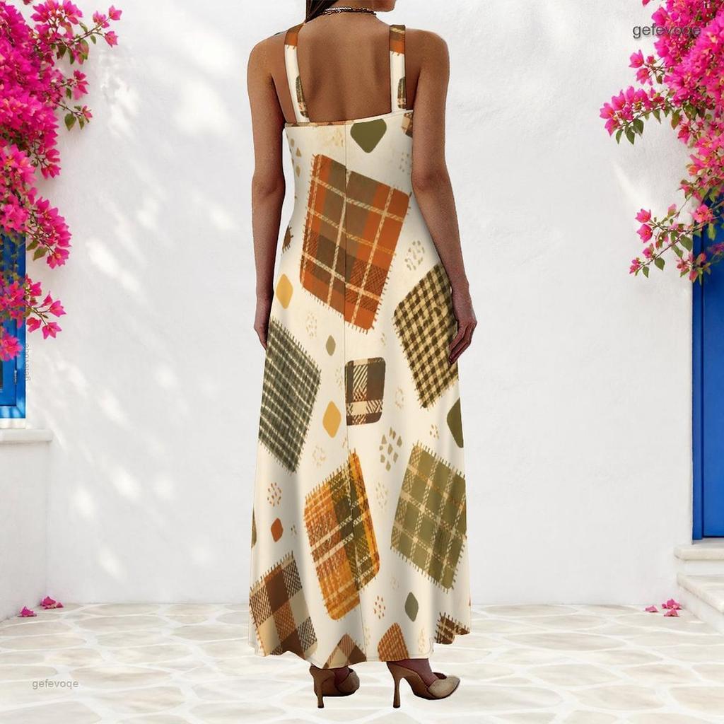 Women Plus Size Scoop Neck Strappy Sleeveless Geometric Printed A Line Long Dress