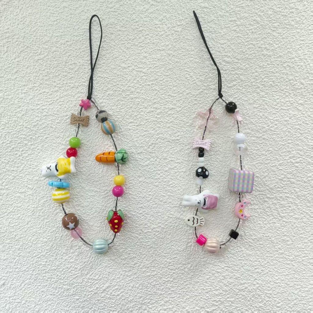 Handmade Ceramic Pink Bunny Phone Lanyard With Beads For Women And Men