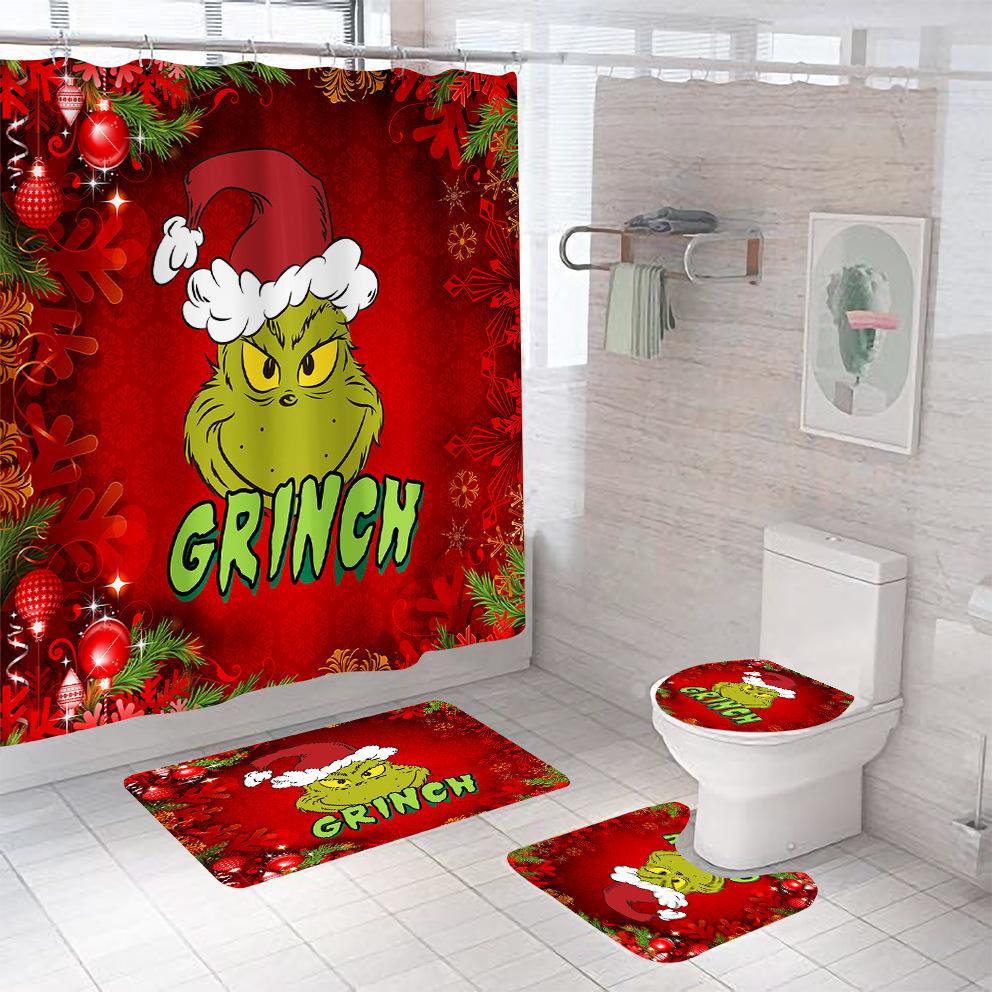 Bathroom Shower Curtain Four-Piece Green Hair Monster Christmas Green Waterproof Shower Curtain Toilet Partition Curtain Bath Mat