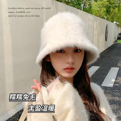 Face Rabbit Fur Bucket Hat Women Winter Warm Bucket Hat Plush Autumn and Winter Basin Hat Light Luxury Hat Women