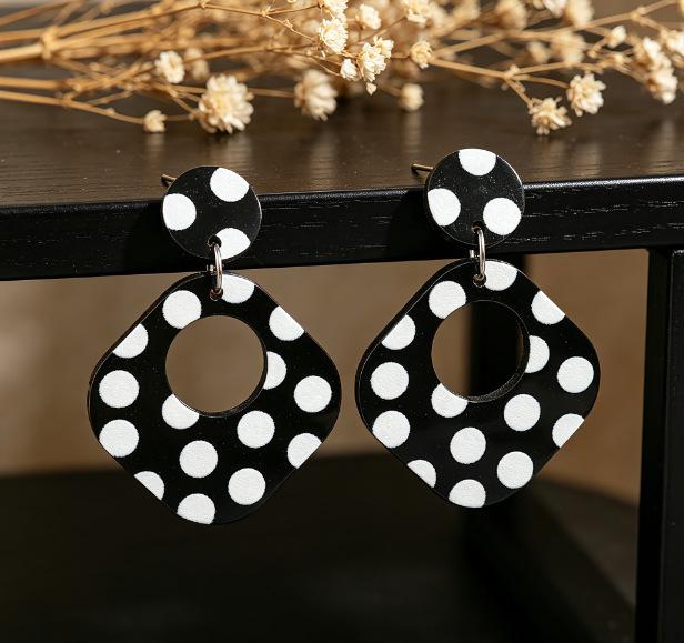 Black & White Polka Dot Square Acrylic Earrings - Stylish, Unique Studs for Women