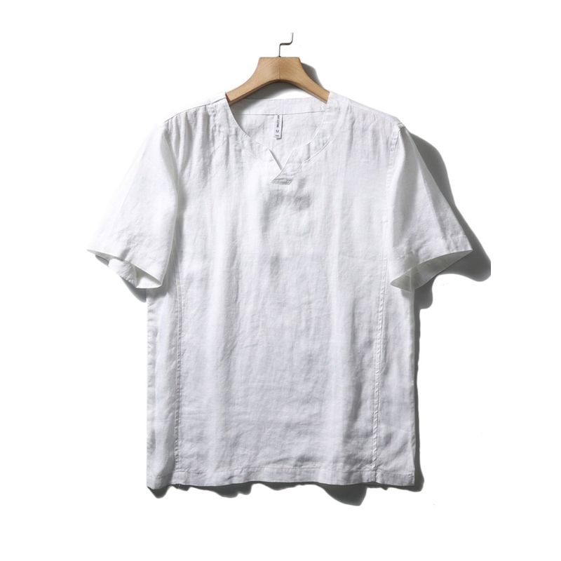 Chinese Style Natural Linen T-Shirt Men's Summer Thin New Arrival Loose V-neck Undershirt Export Export Men's T-shirt