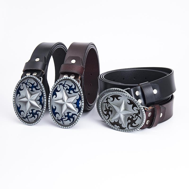 Pentagram Leather Men's Cowhide Belt Retro Smooth Buckle Wide Belt Decorative Belt