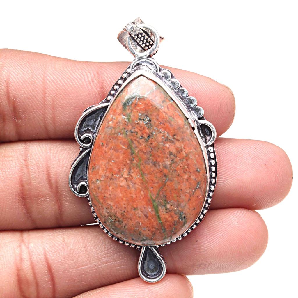 Pendant Unakite Jasper Gemstone Handicraft Valentine'Day Silver Jewelry 2.25"