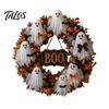 Autumn Front Door Decor Halloween Boo Ghost Wreath, Spooky Hanging Decoration with Pumpkins Artificial Fabric Wreath And Spider Webs for Porch,