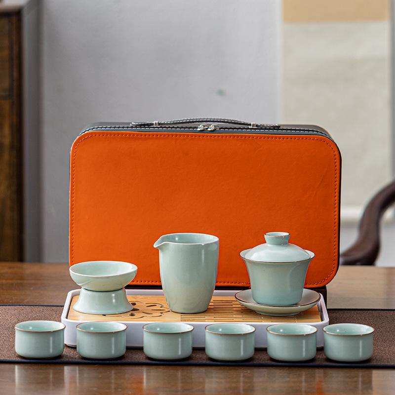 Ceramic Ru kiln cover bowl teapot azure travel tea set tea tray portable bag tea cup set activity gift