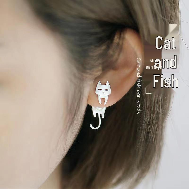 S925 Sterling Silver Asymmetrical Cat and Fish Stud Earrings, Korean Cute Fashion for Women