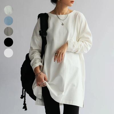 Japanese and Korean Autumn Pure Cotton Women's T-shirt New Simple Loose Solid Color Long-sleeved Base Shirt Mid-length