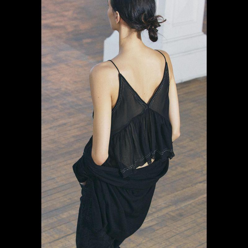 Zbzr Spring New Women clothes Western Style French style Fashion Temperament Simple and Versatile Beaded Embroidery Sling Top