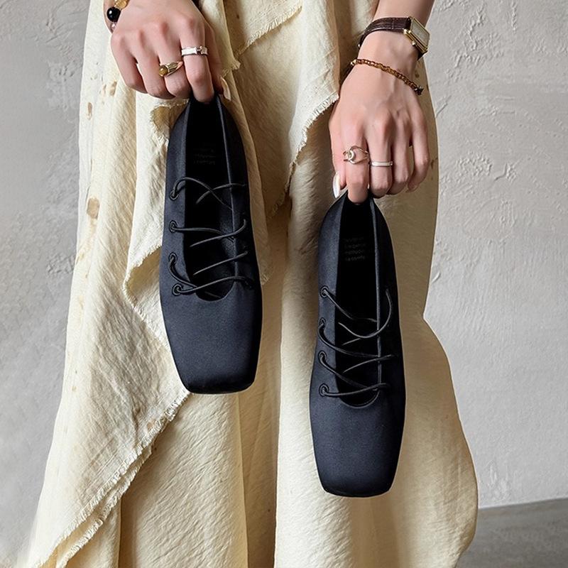 Sheepskin version~ New satin Mary Jane square head cross strap versatile ballet shoes light mouth versatile flat shoes
