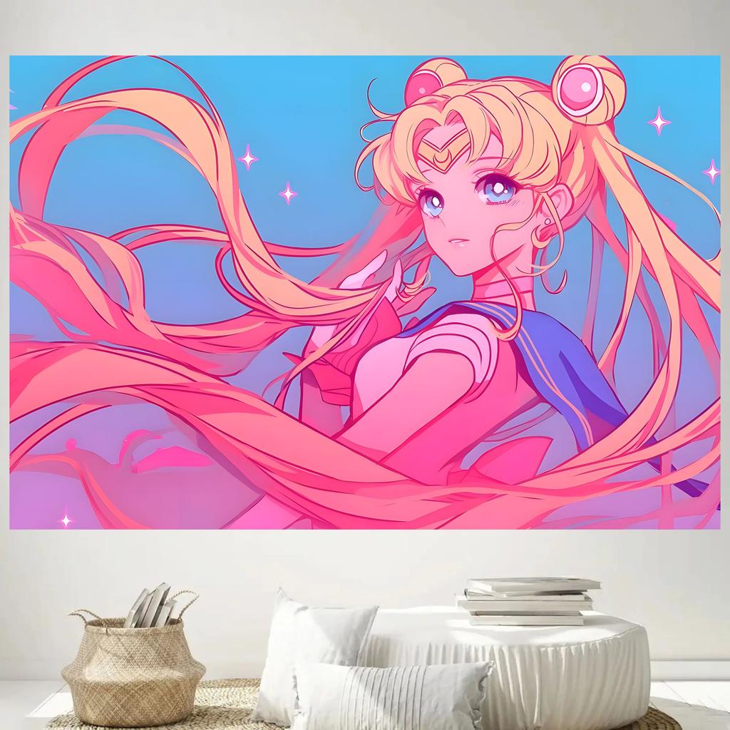 S-Sailor M-Moon Anime Tapestry Blonde Odango Hair Pink Gradient Long Hair Sparkle Star Blue Bedroom Dorm Kawaii Room Decor Gift