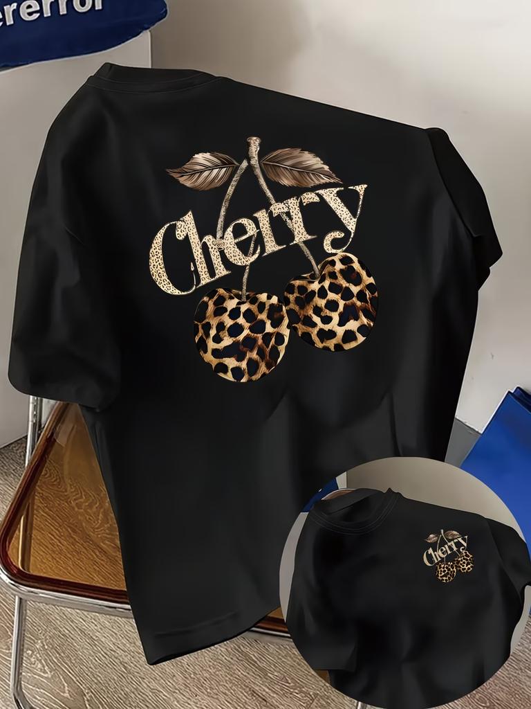 Cherry Leopard Print Cherry Print Tshirt Short Sleeve Crew Neck Casual Top for Summer Spring