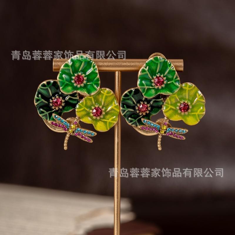 Dragonfly Lotus Leaf Earrings With Enamel Pearl Inlay Elegant Vintage Jewelry By Weight Versatile Fashionable