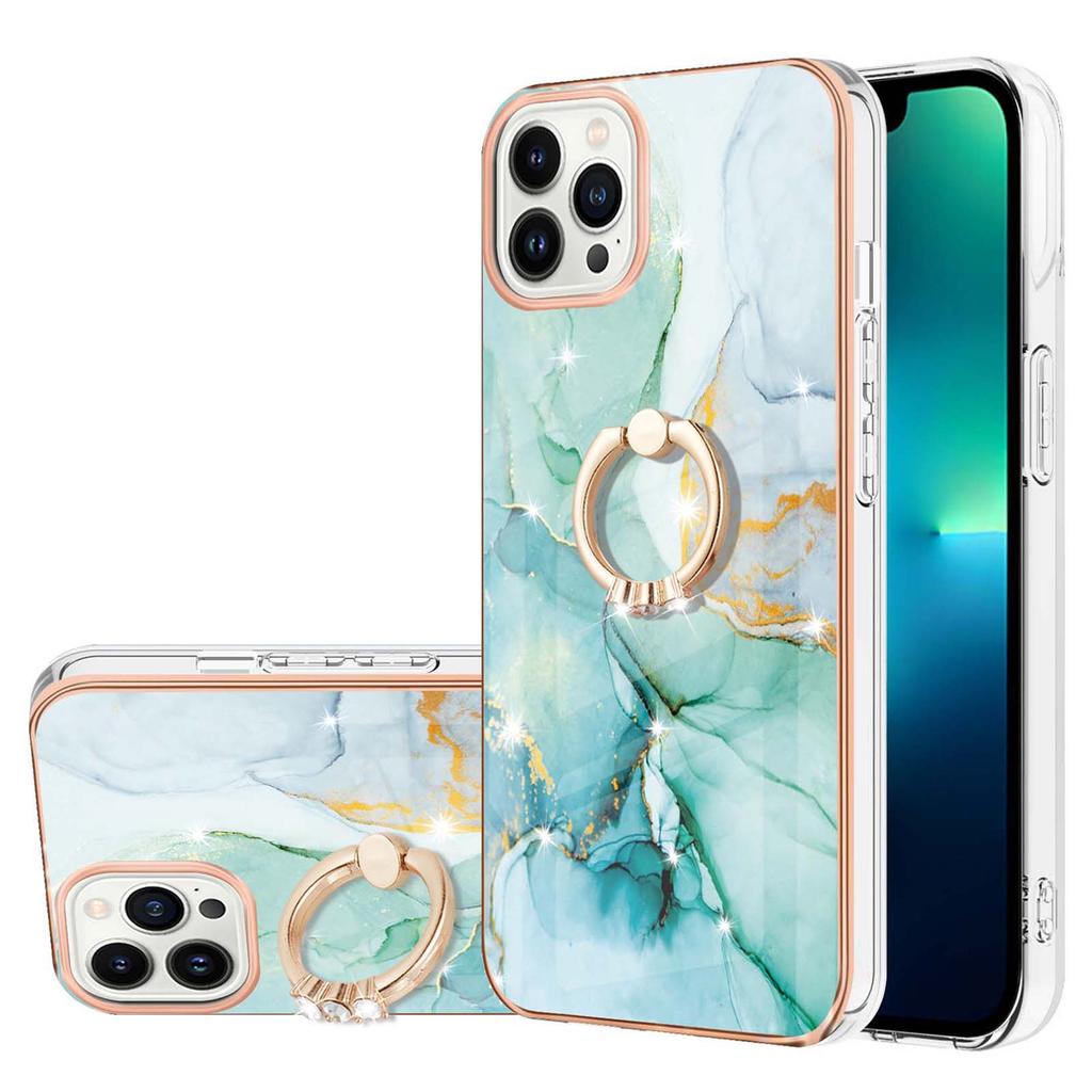 For iPhone 15 Pro Case with Ring Kickstand Marble Pattern Electroplating TPU Back Cover