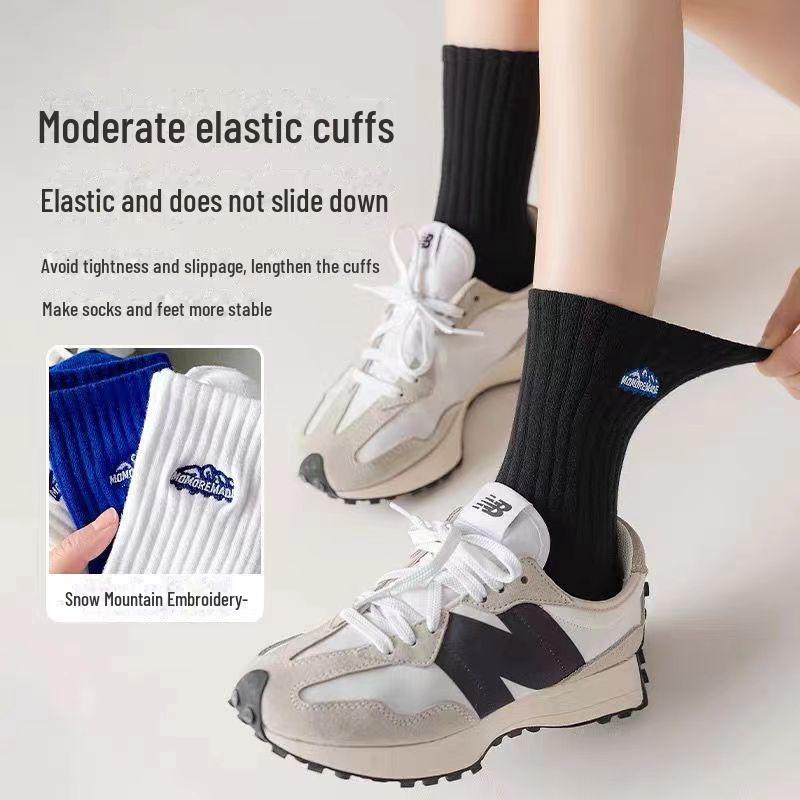 Trendy Women's Mid-Tube Embroidered White Cotton Socks - Black Sporty Spring & Autumn Sweat-Absorbent Unisex Design