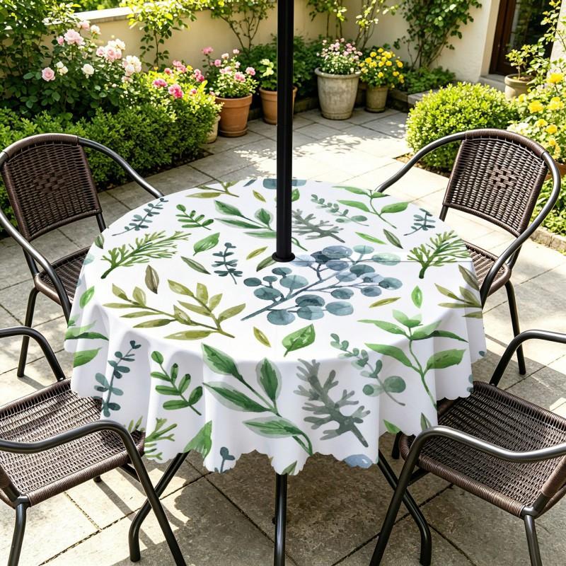Outdoor Round Tablecloth With Umbrella Hole Waterproof Oil Resistant Floral Leaf Patio Garden Deck