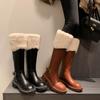 Leather Brown Thick-Soled High Tube Long Tube Cold-Resistant Leather Surface And Knee Long Snow Boots Women'S Winter Fleece Thickened Boots