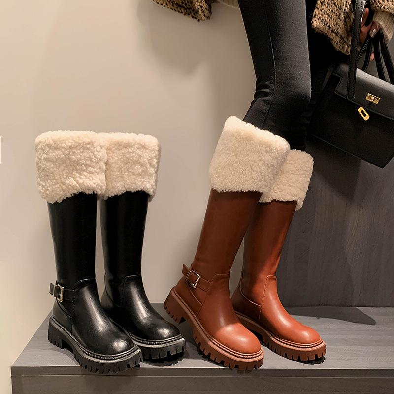 Leather Brown Thick-Soled High Tube Long Tube Cold-Resistant Leather Surface And Knee Long Snow Boots Women'S Winter Fleece Thickened Boots