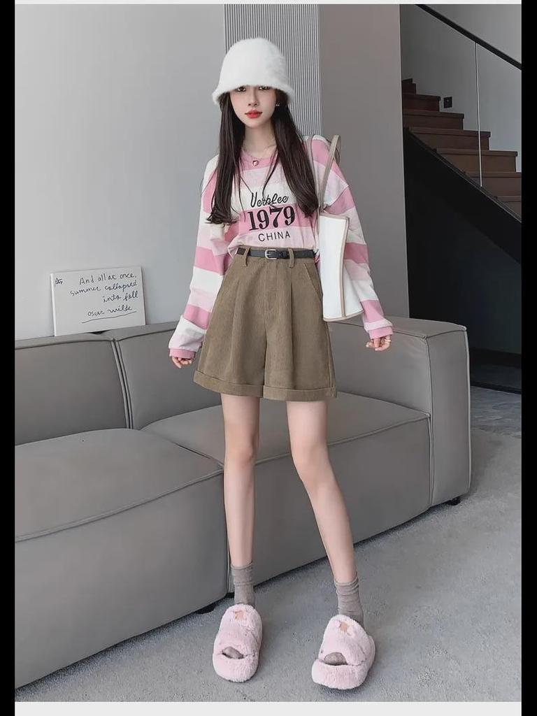 Pantaloni scurți A-line din catifea reiată maro cafea cu talie înaltă pentru femei, pentru toamnă și iarnă