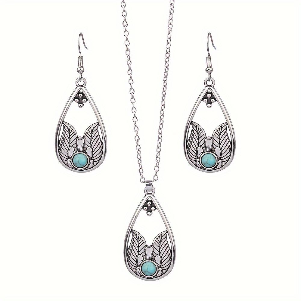 Boho Ethnic Antique Silver Zircon Set for Women Girls Geometric Earrings Pendent Necklace Birthday Gifts Daily Wear Versatile
