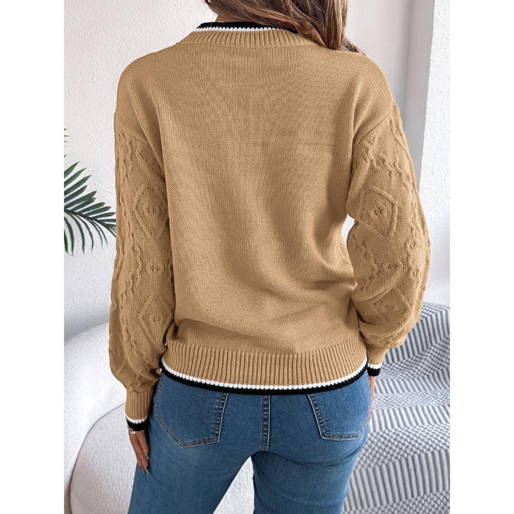 HNXC Autumn and Winter Casual Color-blocking Braided Long-sleeved Pullover Sweater for Women